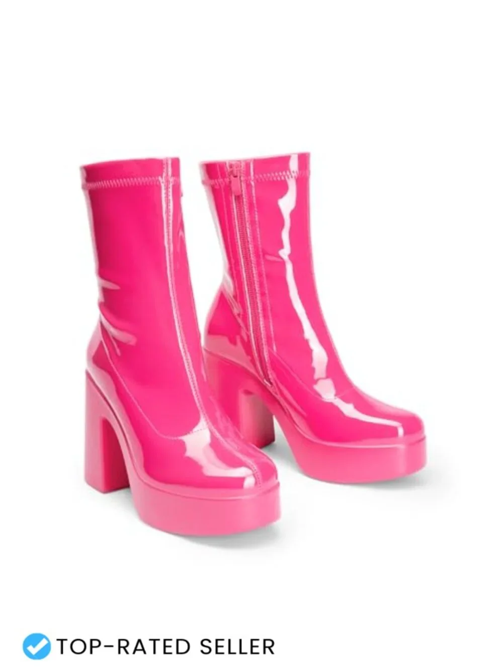 Platform Gogo Ankle Boots Chunky Block Heel Square Toe Faux Leather Zip